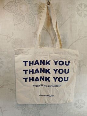 Cream Canvas Shoulder Bag with Navy Thank You Print